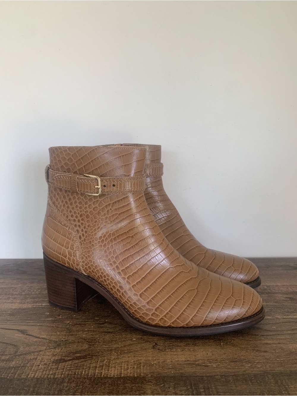The Office of Angela Scott Tan Embossed Leather Ankle Boots Womens EU 43 US 12 W